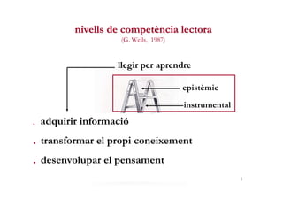 nivells de competència lectora
                           (G. Wells, 1987)


                          llegir per aprendre...