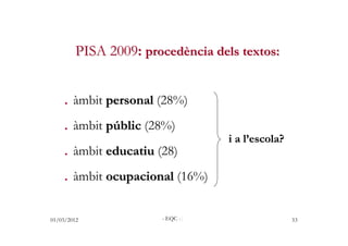 PISA 2009: procedència dels textos:


    . àmbit personal (28%)
    . àmbit públic (28%)
                                ...