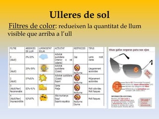 Ulleres de sol
Filtres de color: redueixen la quantitat de llum
visible que arriba a l’ull
 