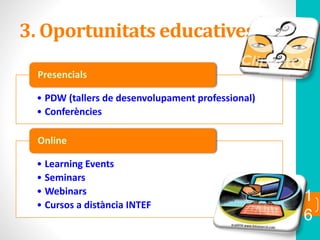 3. Oportunitats educatives
• PDW (tallers de desenvolupament professional)
• Conferències
Presencials
• Learning Events
• Seminars
• Webinars
• Cursos a distància INTEF
Online
1
6
 