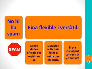 No hi
ha
spam
Eina flexible i versàtil:
Sense
dades
oficials per
registrar-
se
Duració i
activitats
fetes a
mida per
els socis.
El pla
inicial pot
ser revisat
i/o canviat 1
9
 