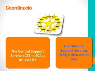 Coordinació
2
0
The Central Support
Service (CSS) o SCA a
Brussel.les
The National
Support Services
(NSS) o SNA a cada
país
 