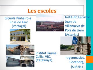 Les escoles
Escuola Pinheiro e
Rosa de Faro
(Portugal)
It-gymnasiet,
Göteborg,
(Suècia)
Institut Jaume
Callís, VIC,
(Catalunya)
Instituto Escultor
Juan de
Villanueva de
Pola de Siero
(Asturias)
 