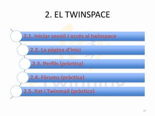 2. EL TWINSPACE
2.1. Iniciar sessió i accés al twinspace
2.2. La pàgina d’inici
2.3. Perfils (pràctica)
2.4. Fòrums (pràctica)
2.5. Xat i Twinmail (pràctica)
19
 