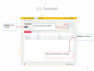 2.5. TwinMail
Ver los mensajes no leídosRedactar nuevo
mensaje
Ver más información de un mensaje
Eliminar un mensaje
33
 