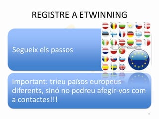 REGISTRE A ETWINNING
Segueix els passos
Important: trieu països europeus
diferents, sinó no podreu afegir-vos com
a contactes!!!
4
 