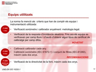 UNE-EN ISO 16283-1 12
Equips utilitzats
La norma fa menció als criteris que han de complir els equips i
instrumentació utilitzada:
• Verificació sonòmetre i calibrador anyalment: metrologia legal.
• Verificació de la resposta d’incidència aleatòria. Fins ara els equips es
verificaven per camp lliure i s’haurà d’obtenir algun tipus de certificat de
calibratge per camp difús.
• Calibració calibrador cada any.
• Calibració sonòmetre (IEC 61672-1) i conjunt de filtres (IEC-61260),
màxim cada dos anys.
• Verificació de la directivitat de la font, màxim cada dos anys.
RECOMANACIONS
NOVETAT
IT-200B
5 anys
IT-200B
Definit per
entitat
IT-200B
1 any
 