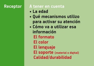 Receptor   A tener en cuenta
           • La edad
           •  ué mecanismos utilizo
             Q
             para activar su atención
           •  ómo va a utilizar esa
             C
             información
           	 El formato
           	 El color
           	 El lenguaje
           	 El soporte (material o digital)
           	 Calidad/durabilidad
 
