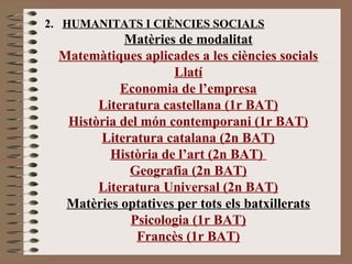 2. HUMANITATS I CIÈNCIES SOCIALS 
Matèries de modalitat 
Matemàtiques aplicades a les ciències socials 
Llatí 
Economia de l’empresa 
Literatura castellana (1r BAT) 
Història del món contemporani (1r BAT) 
Literatura catalana (2n BAT) 
Història de l’art (2n BAT) 
Geografia (2n BAT) 
Literatura Universal (2n BAT) 
Matèries optatives per tots els batxillerats 
Psicologia (1r BAT) 
Francès (1r BAT) 
 