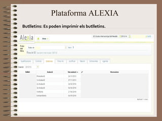 Butlletins: Es poden imprimir els butlletins. 
Foto 
del 
fill/a 
Plataforma ALEXIA 
 