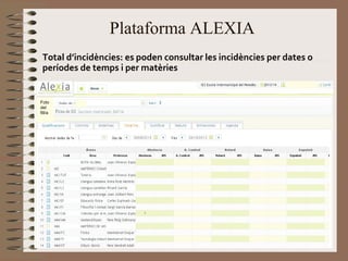 Total d’incidències: es poden consultar les incidències per dates o 
períodes de temps i per matèries 
Foto 
del 
fill/a 
Plataforma ALEXIA 
 
