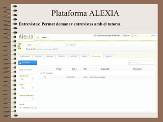 Entrevistes: Permet demanar entrevistes amb el tutor/a. 
Foto 
del 
fill/a 
Plataforma ALEXIA 
 