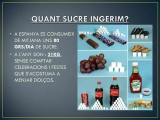 • A ESPANYA ES CONSUMEIX
  DE MITJANA UNS 80
  GRS/DIA DE SUCRE.
• A L’ANY SON : 31KG,
  SENSE COMPTAR
  CELEBRACIONS I FESTES
  QUE S’ACOSTUMA A
  MENJAR DOLÇOS.
 