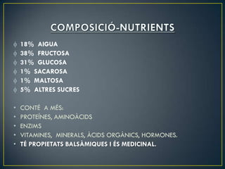 18% AIGUA
    38% FRUCTOSA
    31% GLUCOSA
    1% SACAROSA
    1% MALTOSA
    5% ALTRES SUCRES

•   CONTÉ A MÉS:
•   PROTEÍNES, AMINOÀCIDS
•   ENZIMS
•   VITAMINES, MINERALS, ÀCIDS ORGÀNICS, HORMONES.
•   TÉ PROPIETATS BALSÀMIQUES I ÉS MEDICINAL.
 