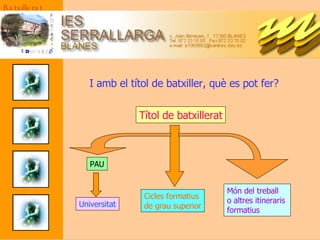 I amb el títol de batxiller, què es pot fer? Títol de batxillerat PAU Universitat Cicles formatius  de grau superior Món del treball o altres itineraris  formatius Batxillerat 