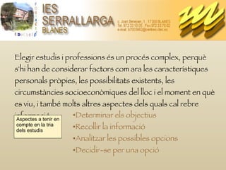 Determinar els objectius   Recollir la informació   Analitzar les possibles opcions   Decidir-se per una opció Elegir estudis i professions és un procés complex, perquè s'hi han de considerar factors com ara les característiques personals pròpies, les possibilitats existents, les circumstàncies socioeconòmiques del lloc i el moment en què es viu, i també molts altres aspectes dels quals cal rebre informació. Aspectes a tenir en compte en la tria dels estudis 