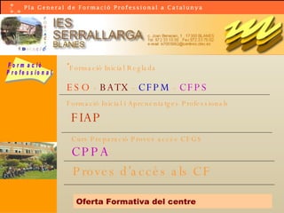 Formació Inicial Reglada   ESO  -  BATX  -  CFPM  -  CFPS Oferta Formativa del centre Formació Inicial i Aprenentatges Professionals   FIAP  Proves d’accés als CF Curs Preparació Proves accés CFGS CPPA 