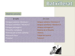 Matèries comunes

•         1r curs                            2n curs
•Llengua catalana i literatura I     Llengua catalana i literatura II
•Llengua castellana i literatura I   Llengua castellana i literatura II
•Llengua estrangera I                Llengua estrangera II
•Filosofia i ciutadania              Història de la filosofia
•Ciències per al món contemp.        Història
•Educació Física                     Treball de recerca
•Tutoria I                           Tutoria II
•
 