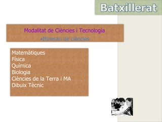 Modalitat de Ciències i Tecnologia
            •Itinerari de ciències

Matemàtiques
Física
Química
Biologia
Ciències de la Terra i MA
Dibuix Tècnic
 