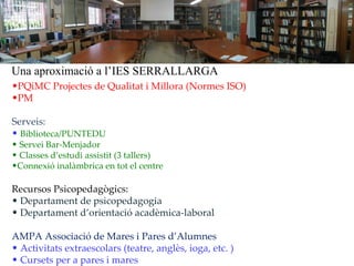 Una aproximació a l’IES SERRALLARGA
•PQiMC Projectes de Qualitat i Millora (Normes ISO)
•PM

Serveis:
• Biblioteca/PUNTEDU
• Servei Bar-Menjador
• Classes d’estudi assistit (3 tallers)
•Connexió inalàmbrica en tot el centre

Recursos Psicopedagògics:
• Departament de psicopedagogia
• Departament d’orientació acadèmica-laboral

AMPA Associació de Mares i Pares d’Alumnes
• Activitats extraescolars (teatre, anglès, ioga, etc. )
• Cursets per a pares i mares
 