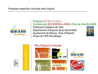 Projectes específics vinculats amb l’esport




                                      Projecte IES DE LA VELA
                                      Col·laboració IES SERRALLARGA /Club de Vela BLANES
                                      Federació Catalana de Vela
                                      Departament d’Esports de la Generalitat
                                      Ajuntament de Blanes, Àrea d’Esports
                                      Ampa de l’IES Serrallarga


                                       Pla d’Esport a l’escola

                                                      Funky
               ASSOCIACIÓ ESPORTIVA




                                                      FUTBOL
 