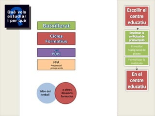 Consultar
               l'assignació de
                    places

               Formalitzar la
  PPA            matrícula
Preparacció
proves accés
 