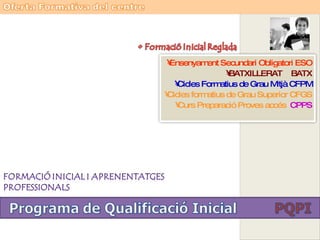 •Ensenyam Secundari Obligatori ESO
           ent
                 •BATXILLERAT BATX
  •Cicles Form atius de Grau M CFPM
                              itjà
•
Cicles formatius de Grau Superior CFGS
  •Curs Preparació Proves accés CPPS
 
