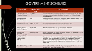 GOVERNMENT SCHEMES
SCHEME LAUNCHED
ON
PROVISIONS
Kasturba Gandhi
Balika Vidyalaya
July 2004 Educational facilities (residential schools) for girls belonging to SC, ST, OBC,
minority communities and families below the poverty line in Educationally
Backward Blocks
Kishore Vaigyanik
Protsahan Yojana
1999 Scholarship program to encourage students to take up research careers in the
areas of basic sciences, engineering and medicine
Midday Meal Scheme August 15, 1995 Lunch (free of cost) to school-children on all working days
National Literacy
Mission Programme
May 5, 1988 Make 80 million adults in the age group of 15 - 35 literate
National Adult
Education
Programme (NAEP)
October, 2 1978 Aimed at educating 100 million non-literate adults in the age-group of 15-35
years within a time frame of five years.
Rural Functional
Literacy Project
(RFLP)
- The objectives of the scheme were: to impart functional literacy to all illiterate
persons in 15-35 age group who are living in the rural areas by organising
specified number of literacy centres in accordance with the norms and
guidelines issued by the then Department of Education, Ministry of HRD from
time to time.
Sarva Siksha Abhiyan 2001 To ensure that all children in the 6–14-year age-group attend school and
complete eight years of schooling by 2010
 