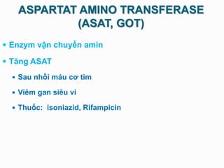ASPARTAT AMINO TRANSFERASE
(ASAT, GOT)
 Enzym vận chuyển amin
 Tăng ASAT
 Sau nhồi máu cơ tim
 Viêm gan siêu vi
 Thuốc: isoniazid, Rifampicin
 