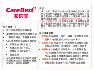 全台灣唯⼀一：
• 線上照顧服務知識資料庫
• 政府核銷/衛福部管理拋轉系統
• 「各類照顧者」完整解決⽅方案
• O2O虛實整合照顧服務的企業
• 管理系統（數位能⼒力）
• 照護知識（內容能⼒力）
• 實體服務（商業能⼒力）
• 社會企業
• 結合居家服務系統使⽤用者資源
與網絡創造能共創價值的服務
模式與⼀一站式照顧服務。
簡述：
成⽴立於2010年的 CareBest 家倍安社會企業， 提
供全⽅方位的照顧資源、居家照顧管理系統以及照
顧⽅方案規劃，包括疾病照護、⽣生活照顧、輔具選
擇與政府補助等，協助全台灣的「照顧者」，解
決各式照顧疑問。從管理系統到上千項的輔具產
品，上百篇的知識庫內容，合作夥伴遍及全台各
縣市。⺫⽬目前辦公室位於台北市、新北市、台中
市。
解決產業問題：
• 家庭照顧者-知識、資訊、輔具、服務無從取得。
• 提供⼀一站式服務 CareManager Plus
• 照顧服務員-無差異化、無進修管道與職涯規劃。
• 公開/合作課程，認證制度，合作分潤計畫
• 照顧從業⼈人員-⾏行政程序龐雜、⼈人員管理不易。
• AICare居服管理系統⼀一鍵核銷與上傳衛福部
• AICare知識資料庫處遇與照顧計畫⾃自動⽣生成
• 照顧業者-服務員流動率⾼高、評鑑要求繁雜。
• 課程規劃+系統導⼊入+到府服務 完全服務
 