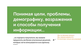Понимая цели, проблемы,
демографику, возражения
и способы получения
информации...
...из портрета покупателя, мы можем
предлагать им более утонченные решения,
которые легче вписываются в их картинку
Мы не меняем продукт
Мы заворачиваем его
В понятную только им упаковку!
 