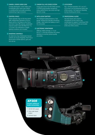 1   CANON L-SERIES VIDEO LENS                     4   CANON FULL HD 3CMOS SYSTEM                 7   LCD SCREEN
    A newly-developed L-series Video Lens             Using new Canon Full HD CMOS sensors,          The 1.2M dot resolution 10.1 cm (4”)
    incorporates glass never seen before              a 3CMOS array provides exceptional             LCD screen can be positioned either side
    in a professional camcorder providing             colour performance, low noise and high         of the camera – for maximum flexibility
    outstanding image resolution.                     dynamic range.                                 during shooting and review.


2   CONTROL RINGS                                 5   INTELLIGENT BATTERY                        8   PROFESSIONAL AUDIO
    Three separate rings on the lens barrel           The intelligent battery features a ‘fuel       Two XLR inputs and a built-in
    offer independent operation of Focus,             gauge’ display that indicates remaining        microphone can be used in any
    Zoom and Iris. End stops on the Focus             charge – even when the battery is not in       combination to capture 16-bit linear PCM
    and Zoom rings offer precise, predictable         the camcorder.                                 audio. Manual level controls are located
    manual control. Glass ND filters for 1/4,                                                        at the rear of the camera.
    1/16 and 1/64 reductions in bright
                                                  6   ELECTRONIC VIEWFINDER
    lighting conditions are included.
                                                      Offering 100% coverage, a 1.3 cm
                                                      (0.52") 1.55M dot resolution EVF allows
3   SHOOTING CONTROLS                                 operators to monitor picture quality
    An extensive array of dedicated manual            accurately.
    controls are at your fingertips, from Focus
    Assist tools to white balance, gain and
    lens set-up.




                         8


                                                         7
                                                                                                                                                6




                                                                                3




                                       1
                                                                  2                 4                                                5




                                                                          1
                                    includes additional
                                    studio connectivity:

                                    1 HD/SD-SDI output                2

                                    2 Time code input/
                                       output
                                    3 Genlock input                   3
 