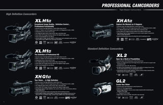 PROFESSIONAL CAMCORDERS
                                                                                                                                                Tape-Based Camcorders

    High Definition Camcorders


                            Exceptional Image Quality... Definitive Control...                                                            Capture the Moment as It Happens
                            Professional Functionality                                                                                    • Genuine Canon 20x High Definition L-series Zoom Lens
                            •   Genuine Canon 20x High Definition L-series Video Zoom Lens III                                            • Three 1/3" Native 16:9 CCD Image Sensors with 1.67 Megapixels (1440 x 1080)
                            •   Three 1/3" Native 16:9 CCD Image Sensors with 1.67 Megapixels (1440 x 1080)                               • True 1080 HD Capture with a choice of 60i, 30p or 24p frame rates
                            •   Independent Focus, Zoom and Iris rings                                                                    • Canon DIGIC DV II Image Processor delivers the highest image quality
                            •   True 1080 HD Capture with a choice of 60i, 30p or 24p frame rates                                         • SuperRange Optical Image Stabilizer can correct a wide range of movements
                            •   Canon DIGIC DV II Image Processor delivers the highest image quality                                        without image degradation
                            •   Canon Interchangeable XL Lens Mount                                                                       • Instant AF dramatically reduces focusing time and increasing accuracy
                            •   HD-SDI (SMPTE 299M) /SD-SDI (SMPTE 272M) Output with embedded audio and time
                                code, Genlock Input, SMPTE Time Code Input and Output




                                                                                                                  Standard Definition Camcorders

                            The Definition of Professional HD
                            •   Genuine Canon 20x High Definition L-series Video Zoom Lens III
                            •   Three 1/3" Native 16:9 CCD Image Sensors with 1.67 Megapixels (1440 x 1080)
                            •   Independent Focus, Zoom and Iris rings
                                                                                                                                          Open Up a World of Possibilities
                                                                                                                                          • Genuine Canon 20x Professional L-series Fluorite Lens
                            •   True 1080 HD Capture with a choice of 60i, 30p or 24p frame rates
                                                                                                                                          • Three 1/3" Progressive Scan CCD Image Sensors with 16:9 and 4:3 aspect ratio
                            •   Canon DIGIC DV II Image Processor delivers the highest image quality
                                                                                                                                            shooting formats
                            •   Canon Interchangeable XL Lens Mount
                                                                                                                                          • Variable frame rates: 60i, 30p and 24p
                                                                                                                                          • XL Mount Interchangeable Lens System with ability to change lenses from
                                                                                                                                            the XL-series lenses or Canon’s photographic lenses
                                                                                                                                          • SuperRange Optical Image Stabilizer corrects camera shake instantly while
                                                                                                                                            maintaining the integrity of the image




                            Your Vision… in High Definition
                            • Genuine Canon 20x High Definition L-series Zoom Lens
                            • Three 1/3" Native 16:9 CCD Image Sensors with 1.67 Megapixels (1440 x 1080)
                            • True 1080 HD Capture with a choice of 60i, 30p or 24p frame rates
                                                                                                                                          Create Your Vision
                                                                                                                                          • Genuine Canon 20x Professional L-series Fluorite Lens
                            • Canon DIGIC DV II Image Processor delivers the highest image quality
                                                                                                                                          • Three 1/4" CCD Image Sensors
                            • SuperRange Optical Image Stabilizer can correct a wide range of movements without
                              image degradation                                                                                           • Optical Image Stabilizer corrects camera shake instantly while maintaining the
                            • Instant AF dramatically reduces focusing time and increasing accuracy                                         integrity of the image
                            • HD-SDI (SMPTE 299M) /SD-SDI (SMPTE 272M) Output with embedded audio and time                                • 1.7 Megapixel Still Images
                              code and 24F 2:3 pulldown flags, Genlock Input, SMPTE Time Code Input/Output                                • Digital Video Format and IEEE 1394 (DV In/Out Terminal)




6                                                                                                                                                                                                                            7
 