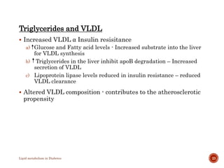 Triglycerides and VLDL
 Increased VLDL α Insulin resisitance
a) Glucose and Fatty acid levels - Increased substrate into ...