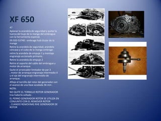 XF 650
47
Aplanar la arandela de seguridad y quitar la
tuerca del buje de la manga del embrague
con la herramienta especial.
09.920-53740 : embrage hub titular de la
manga
Retire la arandela de seguridad, arandela
cóncava y el cubo de la manga embrage .
retire la arandela de empuje 1 y montaje
engranaje accionado primario.
Retire la arandela de empuje 2
Retire el soporte del cable del embrague y
motor de arranque.
Quite el arrancador limitador de par 3
, motor de arranque engranaje intermedio 4
y el eje del engranaje intermedio de
arranque.
Afloje el tornillo del rotor del generador con
el avance de una llave acodada 36 mm .
NOTA:
NO QUITE EL TORNILLO ROTOR GENERADOR
tras haberla soltado .
EL PERNO GENERADOR ROTOR SE UTILIZA EN
CONJUNTO CON EL REMOVER ROTOR
, CUANDO REMOVIMG RHE GENERADOR DE
ROTOR
 