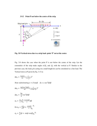 3.9.2 Point P not below the centre of the strip
Fig. 3.8 Vertical stress due to a strip load- point ‘P’ not at the centre
Fig. 3.8 shows the case when the point P is not below the centre of the strip. Let the
extremities of the strip make angles of s and s with the vertical at P. Similar to the
previous case, the load q dx acting on a small length dx can be considered as a line load. The
Vertical stress at P given by Eq. 3.13 as
F
GH/
d
.
t]u YMvYU_UMU_Ww L UVWs dx = z YZ[ s^s
F
Gx O H y
QRS
F
3f
g
[]Y s^s
G
K z
^s
Or
G
0s
lS
8
z
G
ms Y_Ws []Ysr z
 