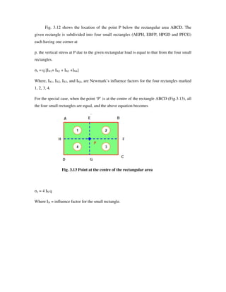 Fig. 3.12 shows the location of the point P below the rectangular area ABCD. The
given rectangle is subdivided into four small rectangles (AEPH, EBFP, HPGD and PFCG)
each having one corner at
p. the vertical stress at P due to the given rectangular load is equal to that from the four small
rectangles.
z = q [IN1+ IN2 + IN3 +IN4]
Where, IN1, IN2, IN3, and IN4, are Newmark’ s influence factors for the four rectangles marked
1, 2, 3, 4.
For the special case, when the point ‘P’ is at the centre of the rectangle ABCD (Fig.3.13), all
the four small rectangles are equal, and the above equation becomes
Fig. 3.13 Point at the centre of the rectangular area
z = 4 IN q
Where IN = influence factor for the small rectangle.
 