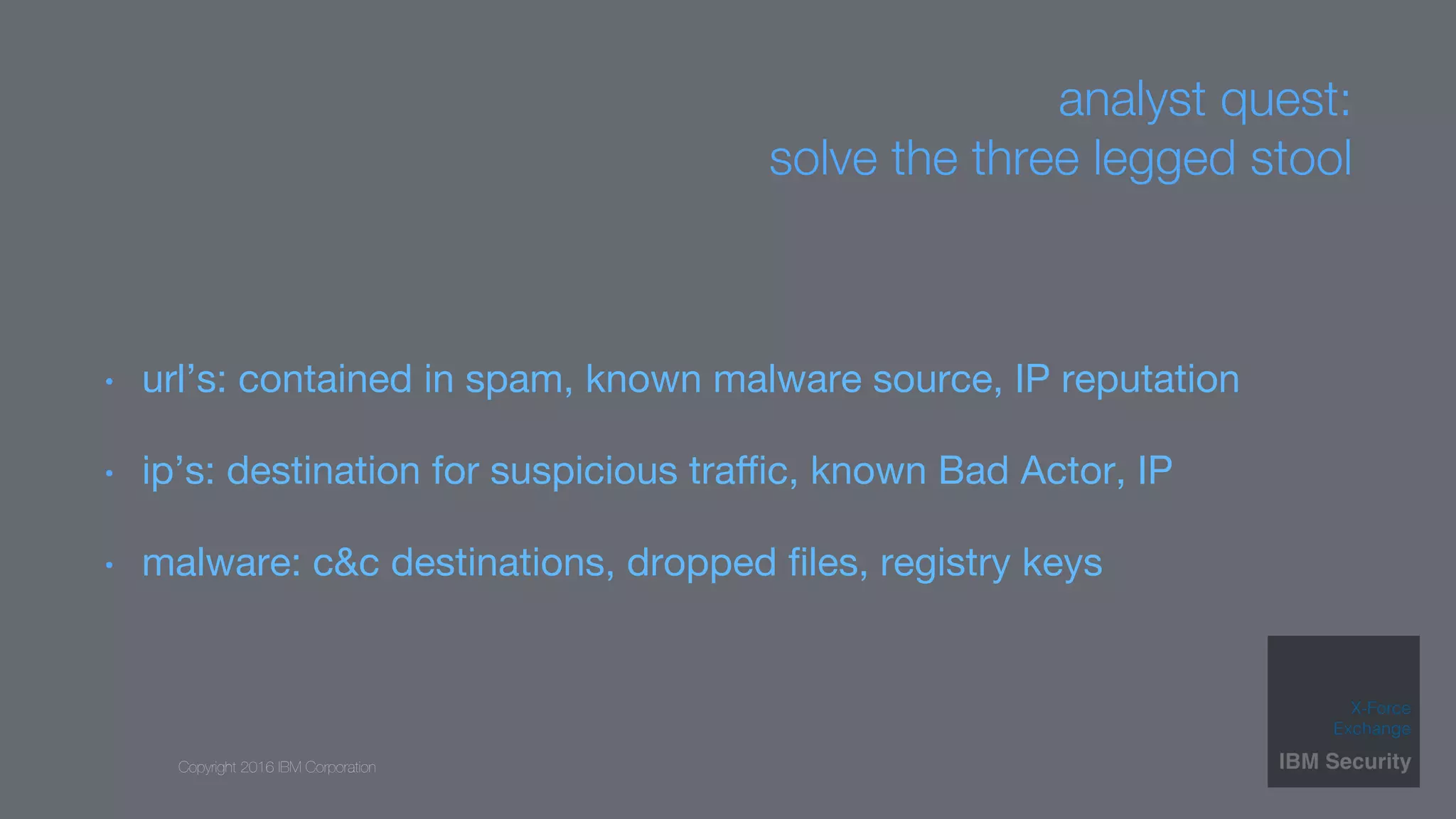 Copyright 2016 IBM Corporation
analyst quest: 
solve the three legged stool
•  url’s: contained in spam, known malware source, IP reputation
•  ip’s: destination for suspicious traﬃc, known Bad Actor, IP
•  malware: c&c destinations, dropped ﬁles, registry keys
 