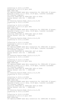connecting to 10.0.1.11:2850
Connected to 10.0.1.11 port 2850
RETR JDD41.RSS
150 Opening BINARY mode data connection for JDD41.RSS (0 bytes).
Received 0 bytes in 0.1 secs, (0.00 bps), transfer succeeded
226 Transfer complete.
receiving JDD42.RSS as JDD42.RSS (625 of 2028)
Saving restart info for - JDD42.RSS
PASV
227 Entering Passive Mode (10,0,1,11,11,35)
connecting to 10.0.1.11:2851
- -
connecting to 10.0.1.11:2851
Connected to 10.0.1.11 port 2851
RETR JDD42.RSS
150 Opening BINARY mode data connection for JDD42.RSS (0 bytes).
Received 0 bytes in 0.1 secs, (0.00 bps), transfer succeeded
226 Transfer complete.
receiving JDD43.RSS as JDD43.RSS (626 of 2028)
Saving restart info for - JDD43.RSS
PASV
227 Entering Passive Mode (10,0,1,11,11,36)
connecting to 10.0.1.11:2852
- -
connecting to 10.0.1.11:2852
Connected to 10.0.1.11 port 2852
RETR JDD43.RSS
150 Opening BINARY mode data connection for JDD43.RSS (0 bytes).
Received 0 bytes in 0.1 secs, (0.00 bps), transfer succeeded
226 Transfer complete.
receiving JDD44.RSS as JDD44.RSS (627 of 2028)
Saving restart info for - JDD44.RSS
PASV
227 Entering Passive Mode (10,0,1,11,11,37)
connecting to 10.0.1.11:2853
- -
connecting to 10.0.1.11:2853
Connected to 10.0.1.11 port 2853
RETR JDD44.RSS
150 Opening BINARY mode data connection for JDD44.RSS (0 bytes).
Received 0 bytes in 0.1 secs, (0.00 bps), transfer succeeded
226 Transfer complete.
receiving JDD45.RSS as JDD45.RSS (628 of 2028)
Saving restart info for - JDD45.RSS
PASV
227 Entering Passive Mode (10,0,1,11,11,38)
connecting to 10.0.1.11:2854
- -
connecting to 10.0.1.11:2854
Connected to 10.0.1.11 port 2854
RETR JDD45.RSS
150 Opening BINARY mode data connection for JDD45.RSS (0 bytes).
Received 0 bytes in 0.1 secs, (0.00 bps), transfer succeeded
226 Transfer complete.
receiving JDD46.RSS as JDD46.RSS (629 of 2028)
Saving restart info for - JDD46.RSS
PASV
227 Entering Passive Mode (10,0,1,11,11,39)
connecting to 10.0.1.11:2855
- -
connecting to 10.0.1.11:2855
Connected to 10.0.1.11 port 2855
RETR JDD46.RSS
150 Opening BINARY mode data connection for JDD46.RSS (0 bytes).
 