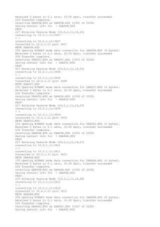 Received 0 bytes in 0.1 secs, (0.00 bps), transfer succeeded
226 Transfer complete.
receiving ZAA45B.RSS as ZAA45B.RSS (1302 of 2028)
Saving restart info for - ZAA45B.RSS
PASV
227 Entering Passive Mode (10,0,1,11,14,23)
connecting to 10.0.1.11:3607
- -
connecting to 10.0.1.11:3607
Connected to 10.0.1.11 port 3607
RETR ZAA45B.RSS
150 Opening BINARY mode data connection for ZAA45B.RSS (0 bytes).
Received 0 bytes in 0.1 secs, (0.00 bps), transfer succeeded
226 Transfer complete.
receiving ZAA45C.RSS as ZAA45C.RSS (1303 of 2028)
Saving restart info for - ZAA45C.RSS
PASV
227 Entering Passive Mode (10,0,1,11,14,24)
connecting to 10.0.1.11:3608
- -
connecting to 10.0.1.11:3608
Connected to 10.0.1.11 port 3608
RETR ZAA45C.RSS
150 Opening BINARY mode data connection for ZAA45C.RSS (0 bytes).
Received 0 bytes in 0.1 secs, (0.00 bps), transfer succeeded
226 Transfer complete.
receiving ZAA45D.RSS as ZAA45D.RSS (1304 of 2028)
Saving restart info for - ZAA45D.RSS
PASV
227 Entering Passive Mode (10,0,1,11,14,25)
connecting to 10.0.1.11:3609
- -
connecting to 10.0.1.11:3609
Connected to 10.0.1.11 port 3609
RETR ZAA45D.RSS
150 Opening BINARY mode data connection for ZAA45D.RSS (0 bytes).
Received 0 bytes in 0.1 secs, (0.00 bps), transfer succeeded
226 Transfer complete.
receiving ZAA46A.RSS as ZAA46A.RSS (1305 of 2028)
Saving restart info for - ZAA46A.RSS
PASV
227 Entering Passive Mode (10,0,1,11,14,27)
connecting to 10.0.1.11:3611
- -
connecting to 10.0.1.11:3611
Connected to 10.0.1.11 port 3611
RETR ZAA46A.RSS
150 Opening BINARY mode data connection for ZAA46A.RSS (0 bytes).
Received 0 bytes in 0.1 secs, (0.00 bps), transfer succeeded
226 Transfer complete.
receiving ZAA46B.RSS as ZAA46B.RSS (1306 of 2028)
Saving restart info for - ZAA46B.RSS
PASV
227 Entering Passive Mode (10,0,1,11,14,28)
connecting to 10.0.1.11:3612
- -
connecting to 10.0.1.11:3612
Connected to 10.0.1.11 port 3612
RETR ZAA46B.RSS
150 Opening BINARY mode data connection for ZAA46B.RSS (0 bytes).
Received 0 bytes in 0.1 secs, (0.00 bps), transfer succeeded
226 Transfer complete.
receiving ZAA46C.RSS as ZAA46C.RSS (1307 of 2028)
Saving restart info for - ZAA46C.RSS
 