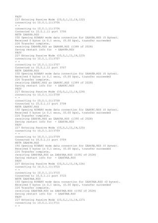 PASV
227 Entering Passive Mode (10,0,1,11,14,122)
connecting to 10.0.1.11:3706
- -
connecting to 10.0.1.11:3706
Connected to 10.0.1.11 port 3706
RETR ZAA68A.RSS
150 Opening BINARY mode data connection for ZAA68A.RSS (0 bytes).
Received 0 bytes in 0.1 secs, (0.00 bps), transfer succeeded
226 Transfer complete.
receiving ZAA68B.RSS as ZAA68B.RSS (1388 of 2028)
Saving restart info for - ZAA68B.RSS
PASV
227 Entering Passive Mode (10,0,1,11,14,123)
connecting to 10.0.1.11:3707
- -
connecting to 10.0.1.11:3707
Connected to 10.0.1.11 port 3707
RETR ZAA68B.RSS
150 Opening BINARY mode data connection for ZAA68B.RSS (0 bytes).
Received 0 bytes in 0.1 secs, (0.00 bps), transfer succeeded
226 Transfer complete.
receiving ZAA68C.RSS as ZAA68C.RSS (1389 of 2028)
Saving restart info for - ZAA68C.RSS
PASV
227 Entering Passive Mode (10,0,1,11,14,124)
connecting to 10.0.1.11:3708
- -
connecting to 10.0.1.11:3708
Connected to 10.0.1.11 port 3708
RETR ZAA68C.RSS
150 Opening BINARY mode data connection for ZAA68C.RSS (0 bytes).
Received 0 bytes in 0.1 secs, (0.00 bps), transfer succeeded
226 Transfer complete.
receiving ZAA69A.RSS as ZAA69A.RSS (1390 of 2028)
Saving restart info for - ZAA69A.RSS
PASV
227 Entering Passive Mode (10,0,1,11,14,125)
connecting to 10.0.1.11:3709
- -
connecting to 10.0.1.11:3709
Connected to 10.0.1.11 port 3709
RETR ZAA69A.RSS
150 Opening BINARY mode data connection for ZAA69A.RSS (0 bytes).
Received 0 bytes in 0.1 secs, (0.00 bps), transfer succeeded
226 Transfer complete.
receiving ZAA69AA.RSS as ZAA69AA.RSS (1391 of 2028)
Saving restart info for - ZAA69AA.RSS
PASV
227 Entering Passive Mode (10,0,1,11,14,126)
connecting to 10.0.1.11:3710
- -
connecting to 10.0.1.11:3710
Connected to 10.0.1.11 port 3710
RETR ZAA69AA.RSS
150 Opening BINARY mode data connection for ZAA69AA.RSS (0 bytes).
Received 0 bytes in 0.1 secs, (0.00 bps), transfer succeeded
226 Transfer complete.
receiving ZAA69AB.RSS as ZAA69AB.RSS (1392 of 2028)
Saving restart info for - ZAA69AB.RSS
PASV
227 Entering Passive Mode (10,0,1,11,14,127)
connecting to 10.0.1.11:3711
- -
 