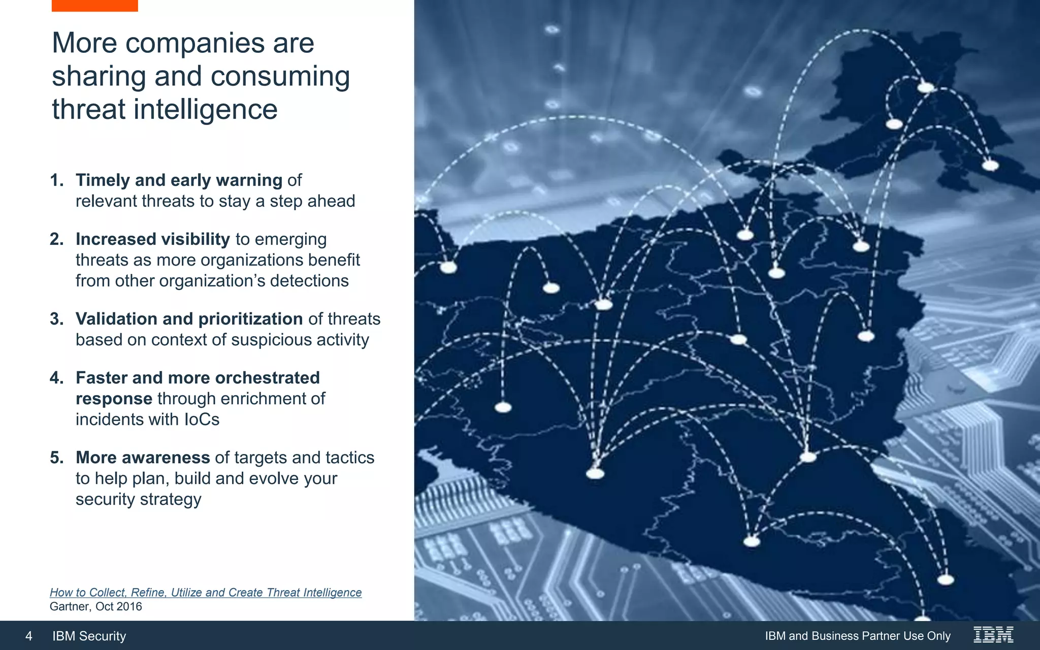 4 IBM Security
More companies are
sharing and consuming
threat intelligence
1. Timely and early warning of
relevant threats to stay a step ahead
2. Increased visibility to emerging
threats as more organizations benefit
from other organization’s detections
3. Validation and prioritization of threats
based on context of suspicious activity
4. Faster and more orchestrated
response through enrichment of
incidents with IoCs
5. More awareness of targets and tactics
to help plan, build and evolve your
security strategy
How to Collect, Refine, Utilize and Create Threat Intelligence
Gartner, Oct 2016
IBM and Business Partner Use Only
 