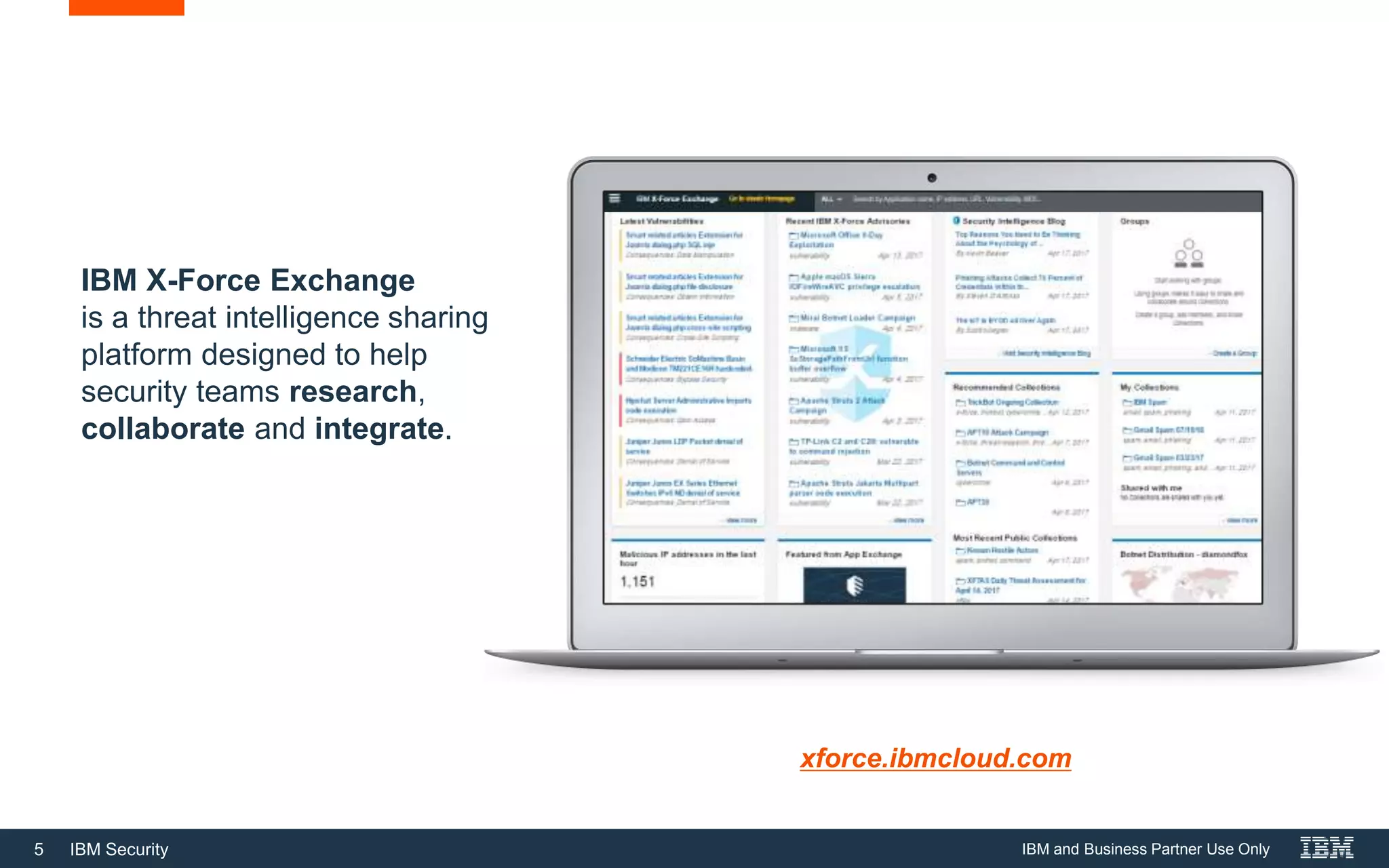 5 IBM Security
IBM X-Force Exchange
is a threat intelligence sharing
platform designed to help
security teams research,
collaborate and integrate.
xforce.ibmcloud.com
IBM and Business Partner Use Only
 