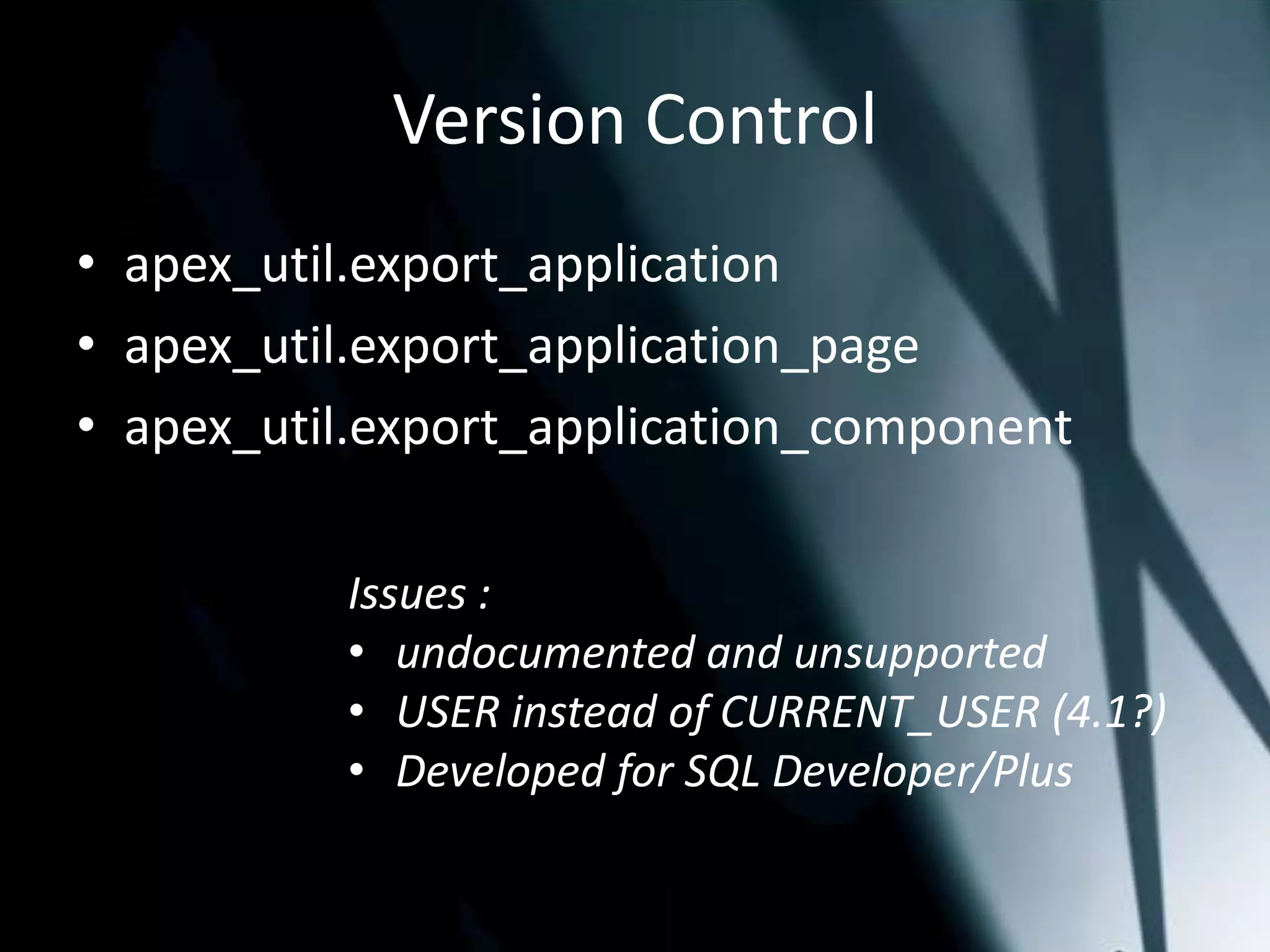 Process Flow# Create file / dbms_xdb.createResourcedbms_xdb.lockResourcedbms_xdb_version.makeVersioneddbms_xdb_version.checkOut	# Update file contentdbms_xdb_version.checkIndbms_xdb.unlockResource	# Done…