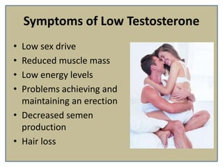 Symptoms of Low Testosterone
• Low sex drive
• Reduced muscle mass
• Low energy levels
• Problems achieving and
maintaining an erection
• Decreased semen
production
• Hair loss
 