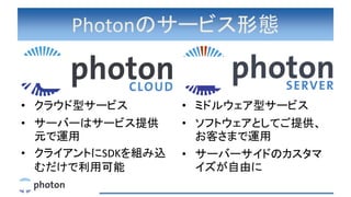 Photonのサービス形態
• クラウド型サービス
• サーバーはサービス提供
元で運用
• クライアントにSDKを組み込
むだけで利用可能
• ミドルウェア型サービス
• ソフトウェアとしてご提供、
お客さまで運用
• サーバーサイドのカスタマ
イズが自由に
 