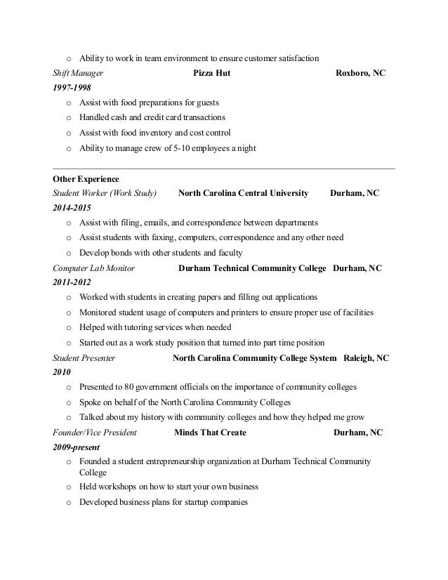 resume for work study