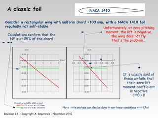 Revision 2.1 – Copyright A. Deperrois - November 2010
A classic foil
Consider a rectangular wing with uniform chord =100 mm, with a NACA 1410 foil
reputedly not self-stable
Calculations confirm that the
NP is at 25% of the chord
Unfortunately, at zero pitching
moment, the lift is negative,
the wing does not fly.
That's the problem…
NACA 1410
It is usually said of
these airfoils that
their zero-lift
moment coefficient
is negative
Cm0 < 0
Note : this analysis can also be done in non-linear conditions with XFoil
 