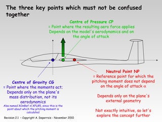 Revision 2.1 – Copyright A. Deperrois - November 2010
The three key points which must not be confused
together
Centre of Gravity CG
= Point where the moments act;
Depends only on the plane's
mass distribution, not its
aerodynamics
Also named XCmRef in XFLR5, since this is the
point about which the pitching moment is
calculated
Neutral Point NP
= Reference point for which the
pitching moment does not depend
on the angle of attack α
Depends only on the plane's
external geometry
Not exactly intuitive, so let's
explore the concept further
Centre of Pressure CP
= Point where the resulting aero force applies
Depends on the model's aerodynamics and on
the angle of attack
 