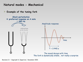 Revision 2.1 – Copyright A. Deperrois - November 2010
Natural modes - Mechanical
 Example of the tuning fork
Shock perturbation
 preferred response on A note
= 440 Hz
time
Amplitude response
The sound decays with time
The fork is dynamically stable… not really a surprise
T = 1/440 s
vibration
 
